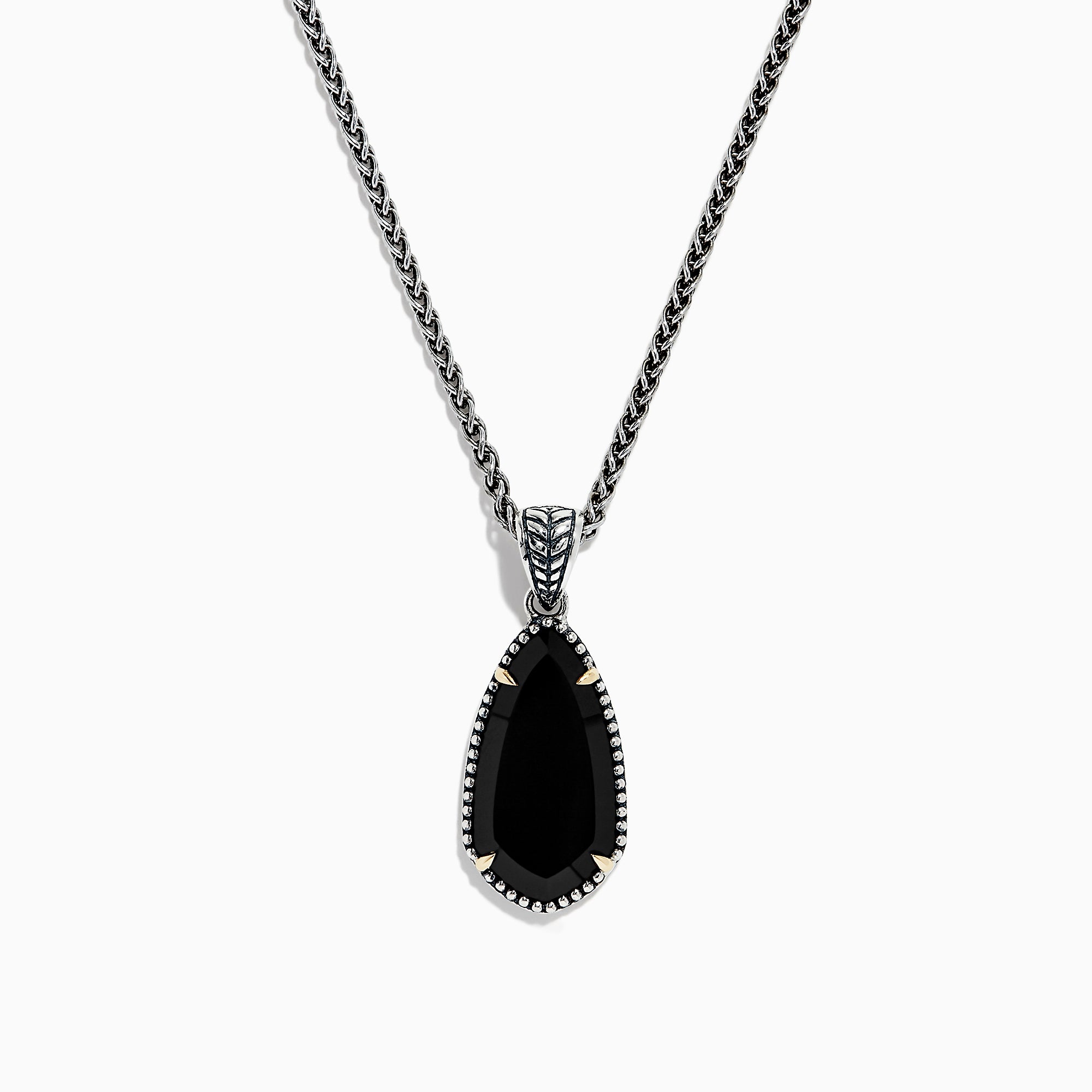 The Eclipse 925 Sterling Silver Onyx Pendant (4.56 TCW) showcases a large, teardrop-shaped onyx in a decorative bezel setting on a sterling silver chain, set against a white background.