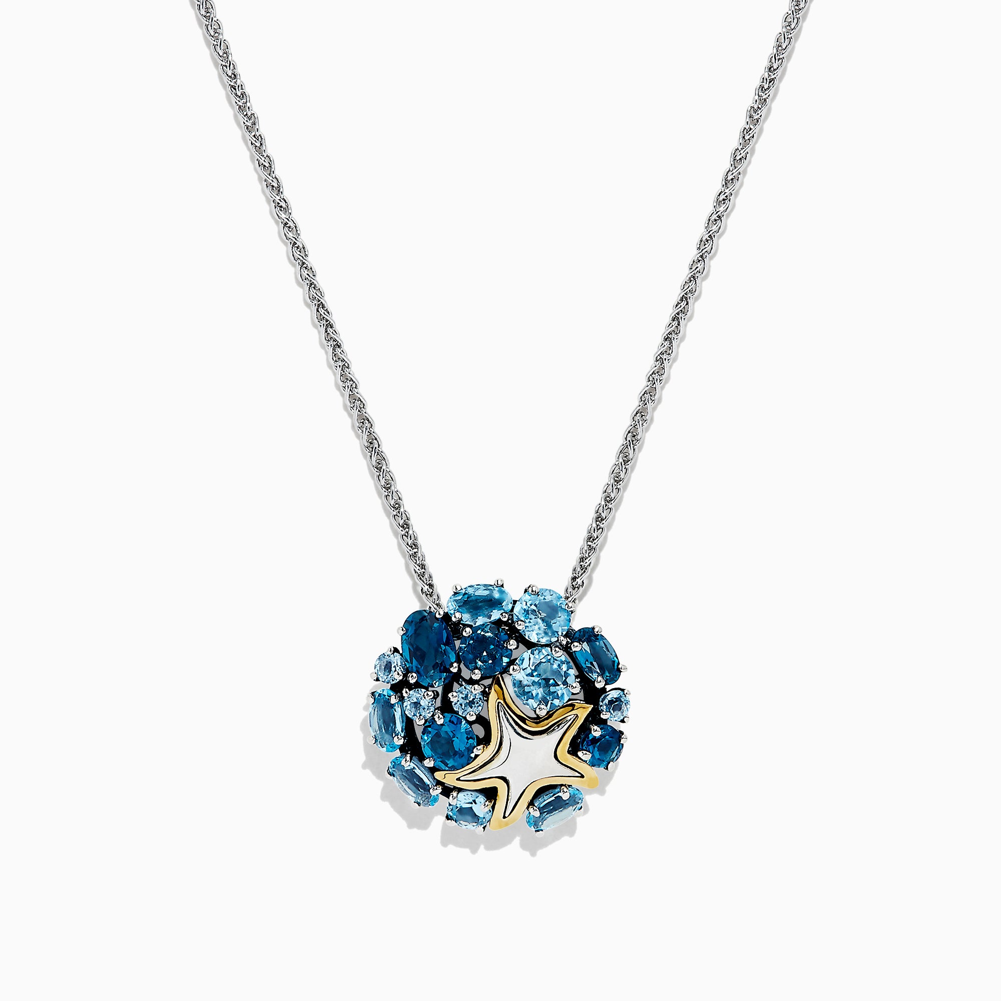 The Seaside Silver & 18K Gold Blue Topaz Starfish Pendant (4.90 TCW) features clustered gemstones and a small gold starfish accent on a silver chain necklace.
