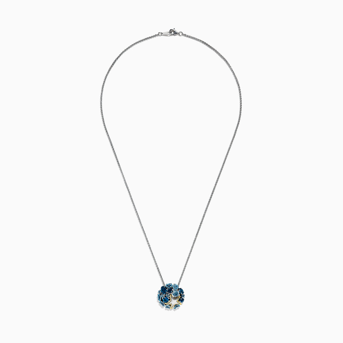 The Seaside Silver & 18K Gold Blue Topaz Starfish Pendant (4.90 TCW) features clustered gemstones and a small gold starfish accent on a silver chain necklace.