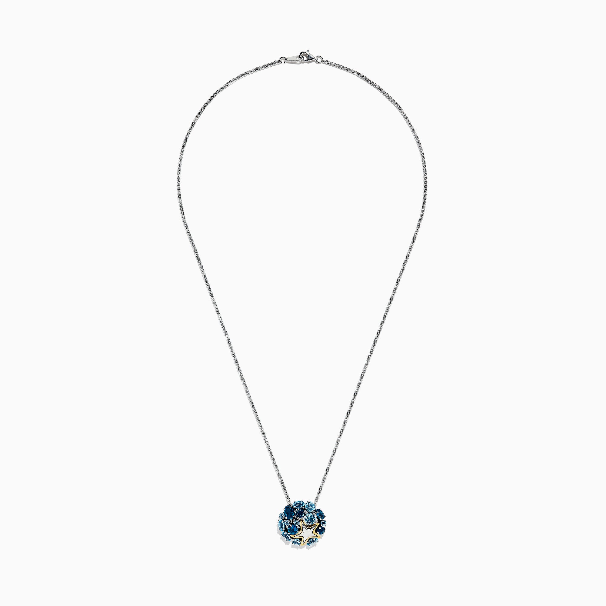 The Seaside Silver & 18K Gold Blue Topaz Starfish Pendant (4.90 TCW) features clustered gemstones and a small gold starfish accent on a silver chain necklace.