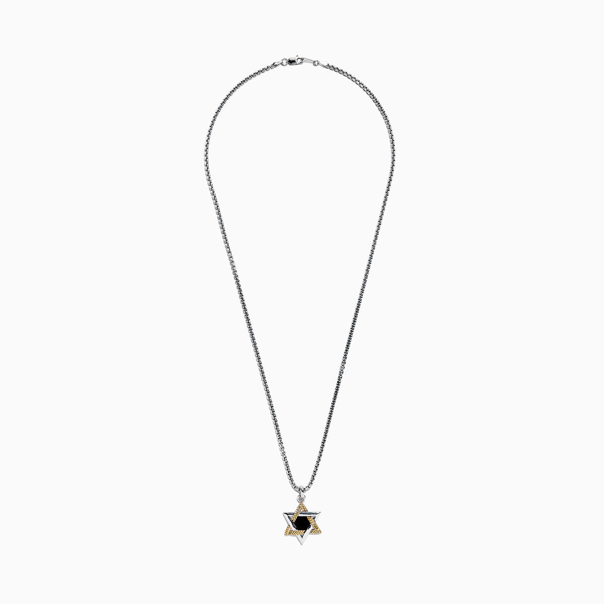 Mens Sterling Silver Onyx Star of David Pendant, 0.60 TW, showcases a striking black onyx center set in sterling silver with silver and gold textured accents.