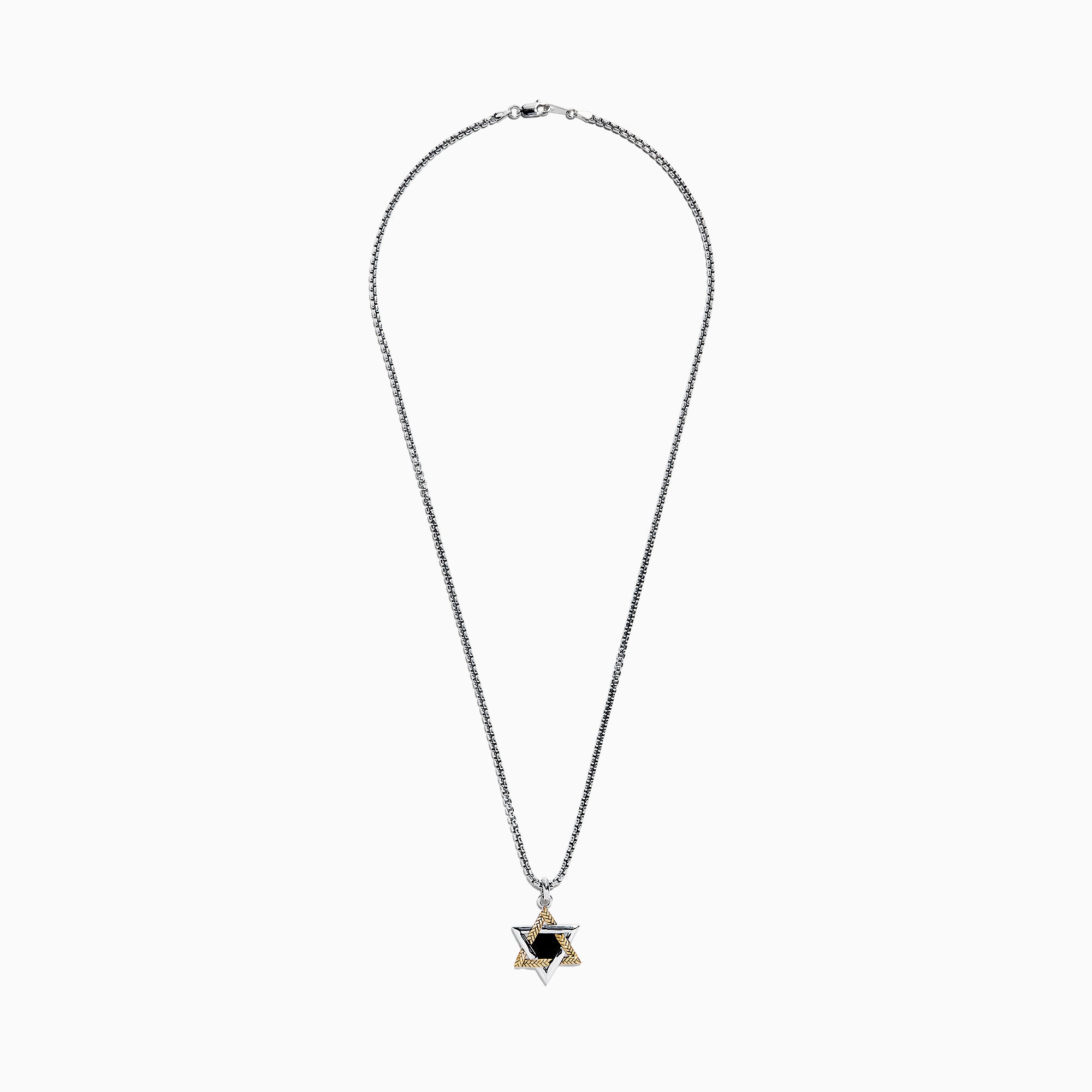 Mens Sterling Silver Onyx Star of David Pendant, 0.60 TW, showcases a striking black onyx center set in sterling silver with silver and gold textured accents.