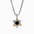Mens Sterling Silver Onyx Star of David Pendant, 0.60 TW, showcases a striking black onyx center set in sterling silver with silver and gold textured accents.