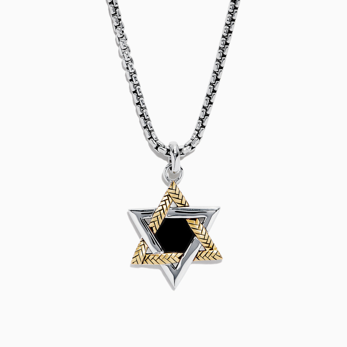 Mens Sterling Silver Onyx Star of David Pendant, 0.60 TW, showcases a striking black onyx center set in sterling silver with silver and gold textured accents.