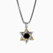Mens Sterling Silver Onyx Star of David Pendant, 0.60 TW, showcases a striking black onyx center set in sterling silver with silver and gold textured accents.