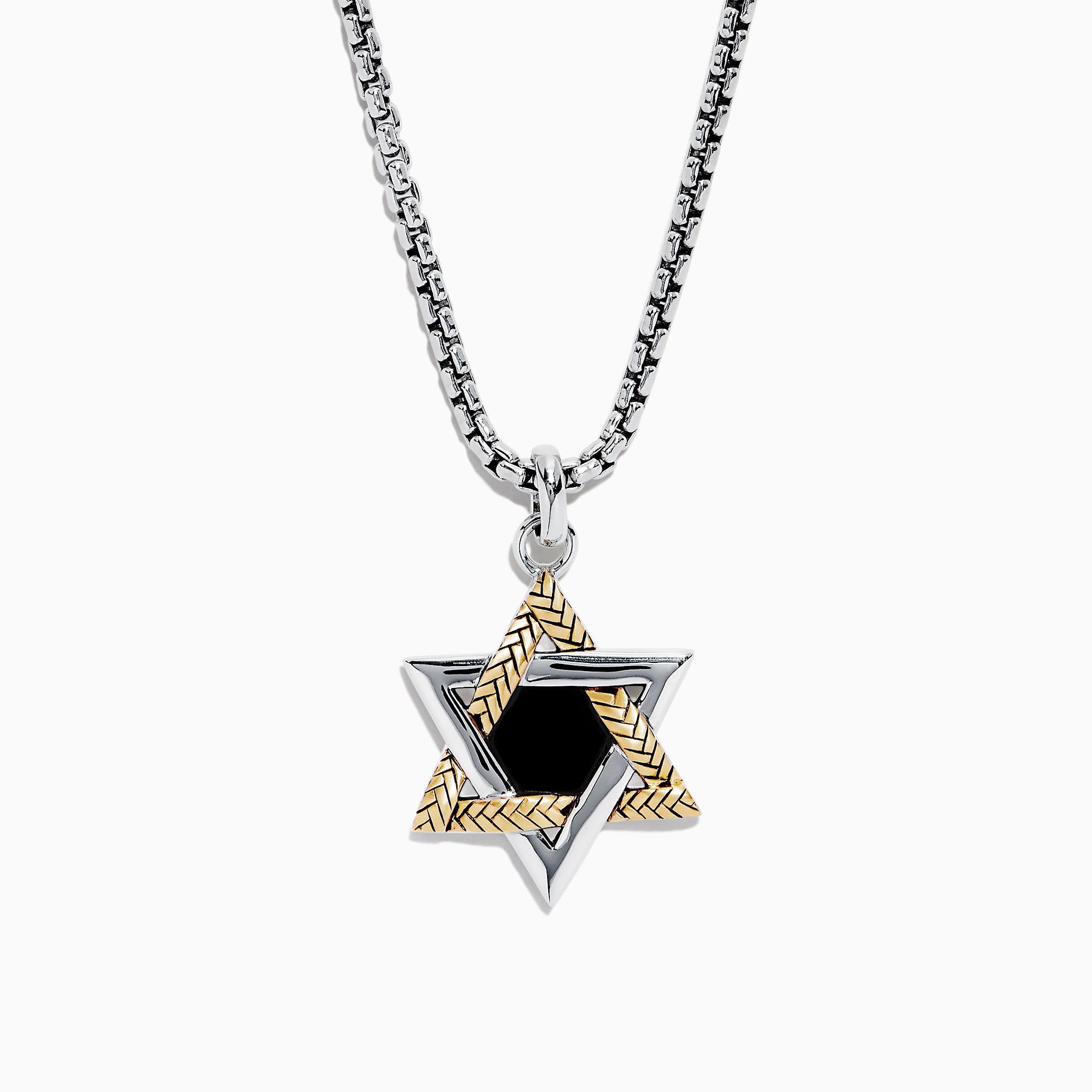 Mens Sterling Silver Onyx Star of David Pendant, 0.60 TW, showcases a striking black onyx center set in sterling silver with silver and gold textured accents.