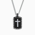 The Mens Sterling Silver Black Sapphire Cross Dog Tag Pendant, 1.87 TCW, features a rectangular design with a silver cross centerpiece, black accents, and an elegant border on a classic chain necklace.