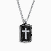 The Mens Sterling Silver Black Sapphire Cross Dog Tag Pendant, 1.87 TCW, features a rectangular design with a silver cross centerpiece, black accents, and an elegant border on a classic chain necklace.