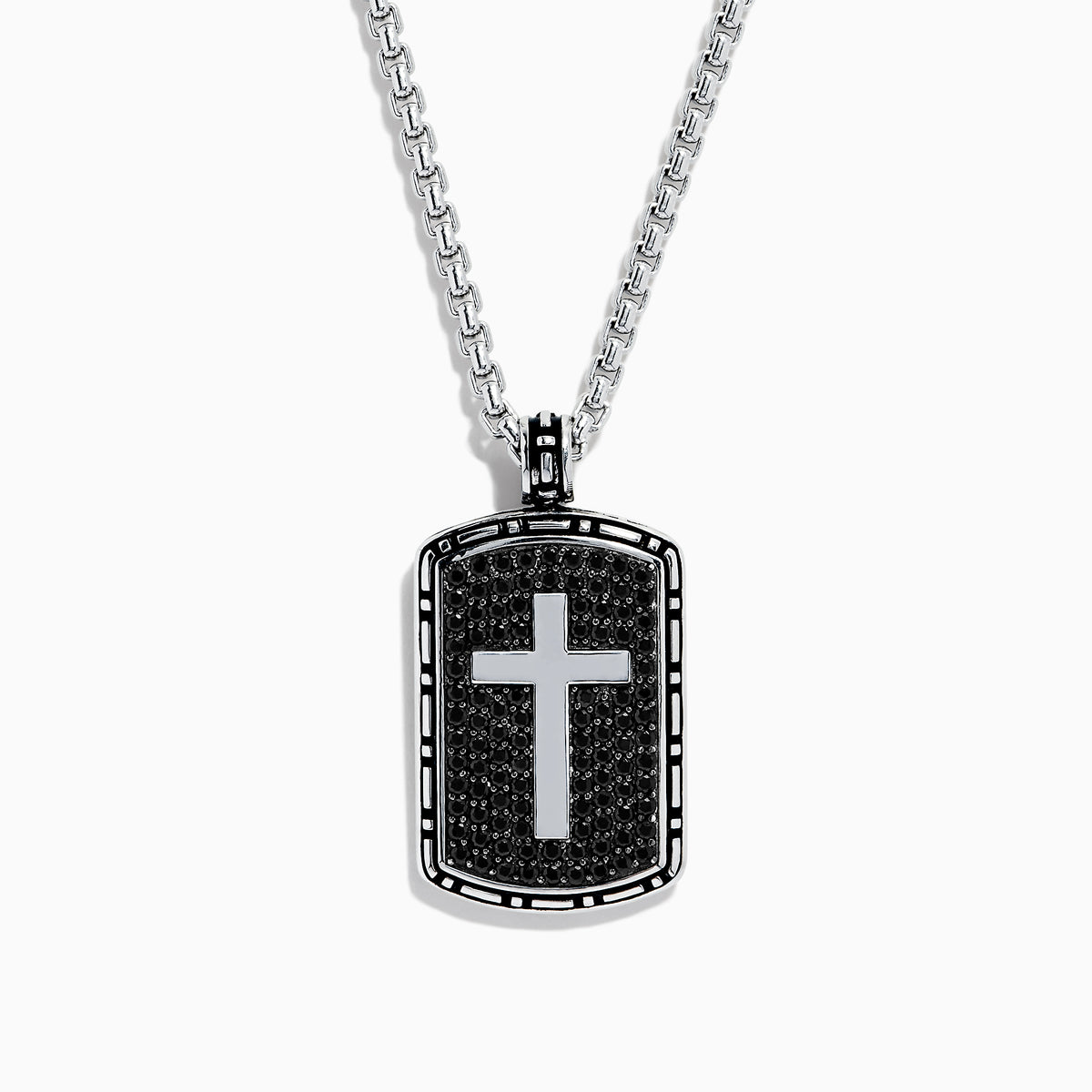 The Mens Sterling Silver Black Sapphire Cross Dog Tag Pendant, 1.87 TCW, features a rectangular design with a silver cross centerpiece, black accents, and an elegant border on a classic chain necklace.