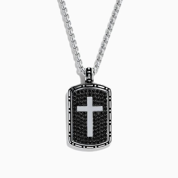 Men's Sterling Silver Black Sapphire Cross Dog Tag Pendant, 1.87
