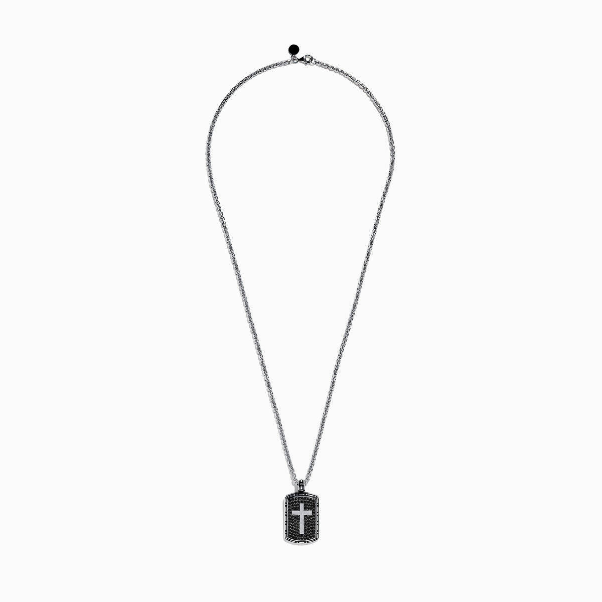 The Mens Sterling Silver Black Sapphire Cross Dog Tag Pendant, 1.87 TCW, features a rectangular design with a silver cross centerpiece, black accents, and an elegant border on a classic chain necklace.