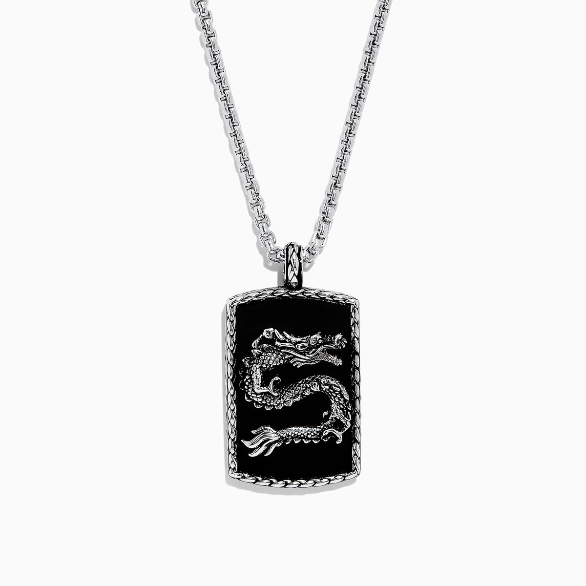This mens 925 sterling silver onyx dragon dog tag pendant features a detailed dragon design and weighs 21.50 TCW.
