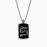 This mens 925 sterling silver onyx dragon dog tag pendant features a detailed dragon design and weighs 21.50 TCW.