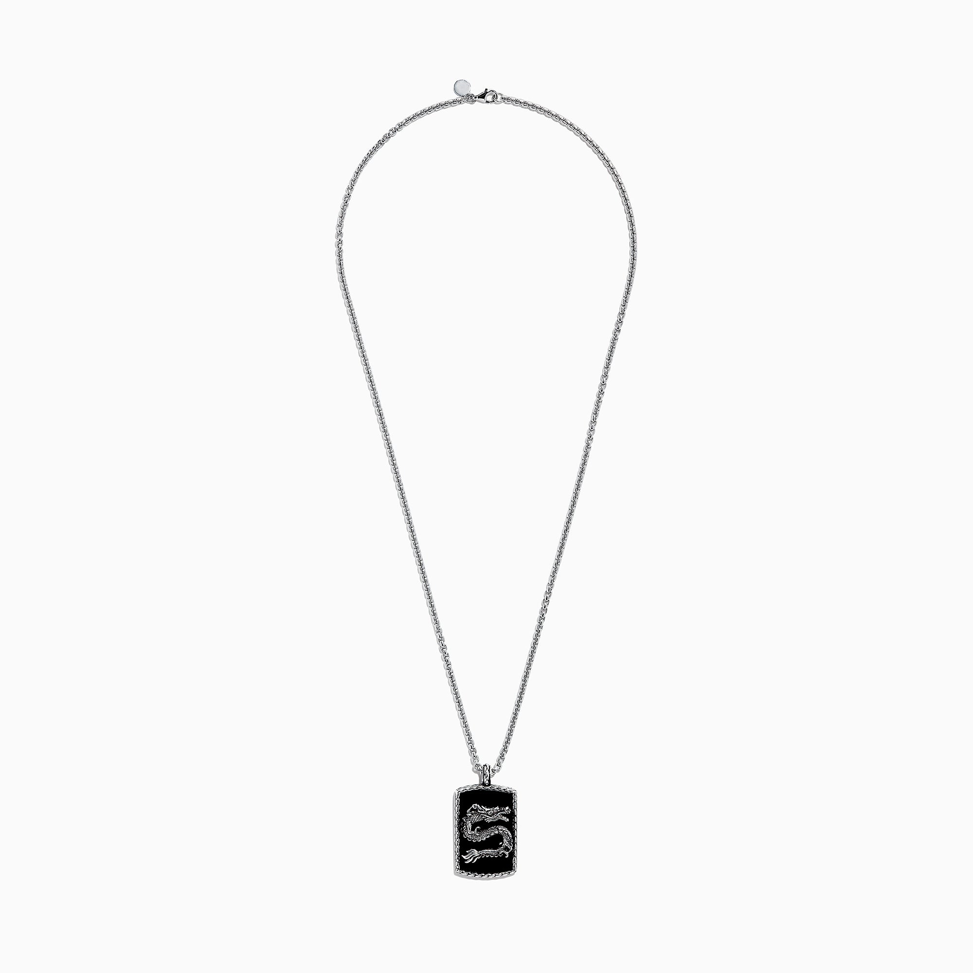 This mens 925 sterling silver onyx dragon dog tag pendant features a detailed dragon design and weighs 21.50 TCW.