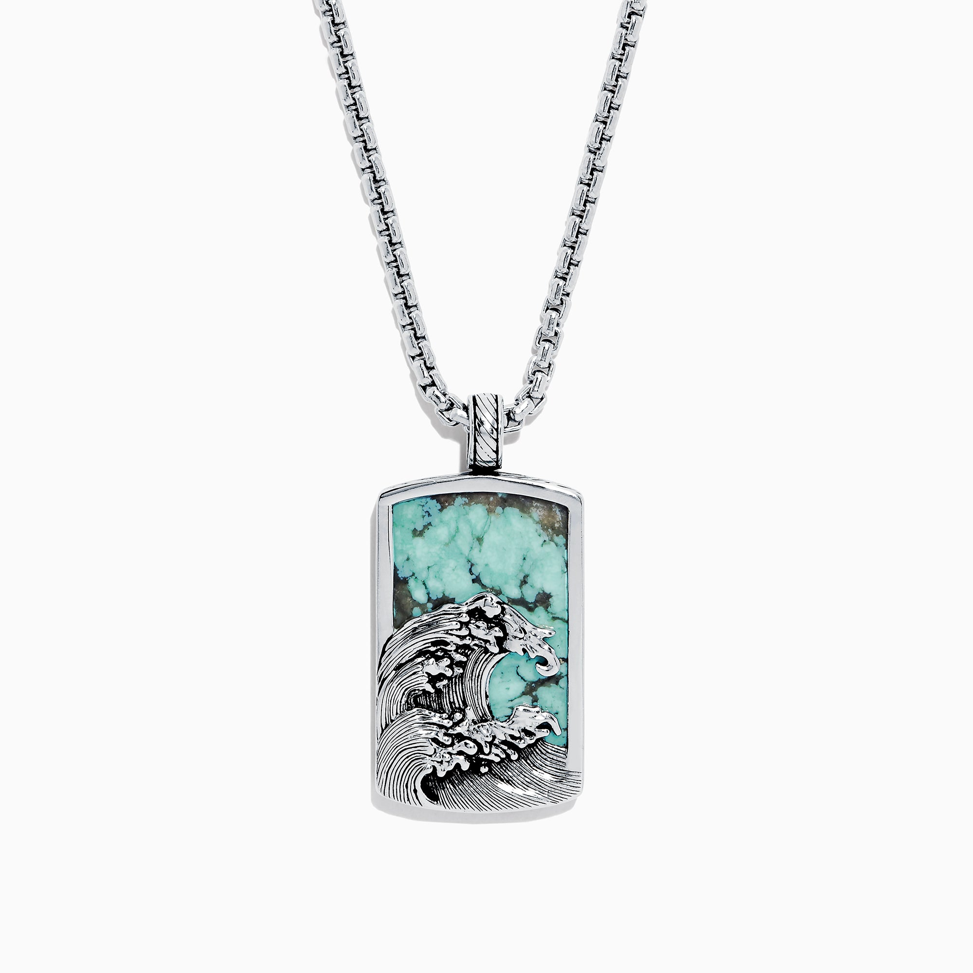 The Men’s Sterling Silver Turquoise Wave Pendant, 10.50 TCW, features a rectangular design with an engraved ocean wave and a vibrant turquoise stone background.