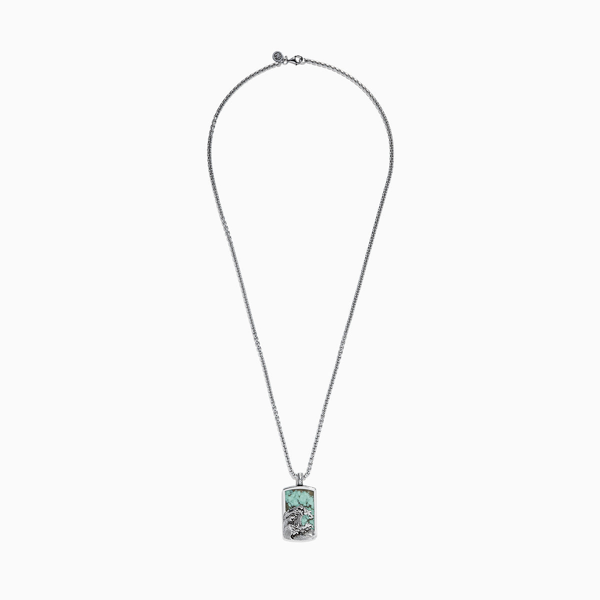 The Men’s Sterling Silver Turquoise Wave Pendant, 10.50 TCW, features a rectangular design with an engraved ocean wave and a vibrant turquoise stone background.