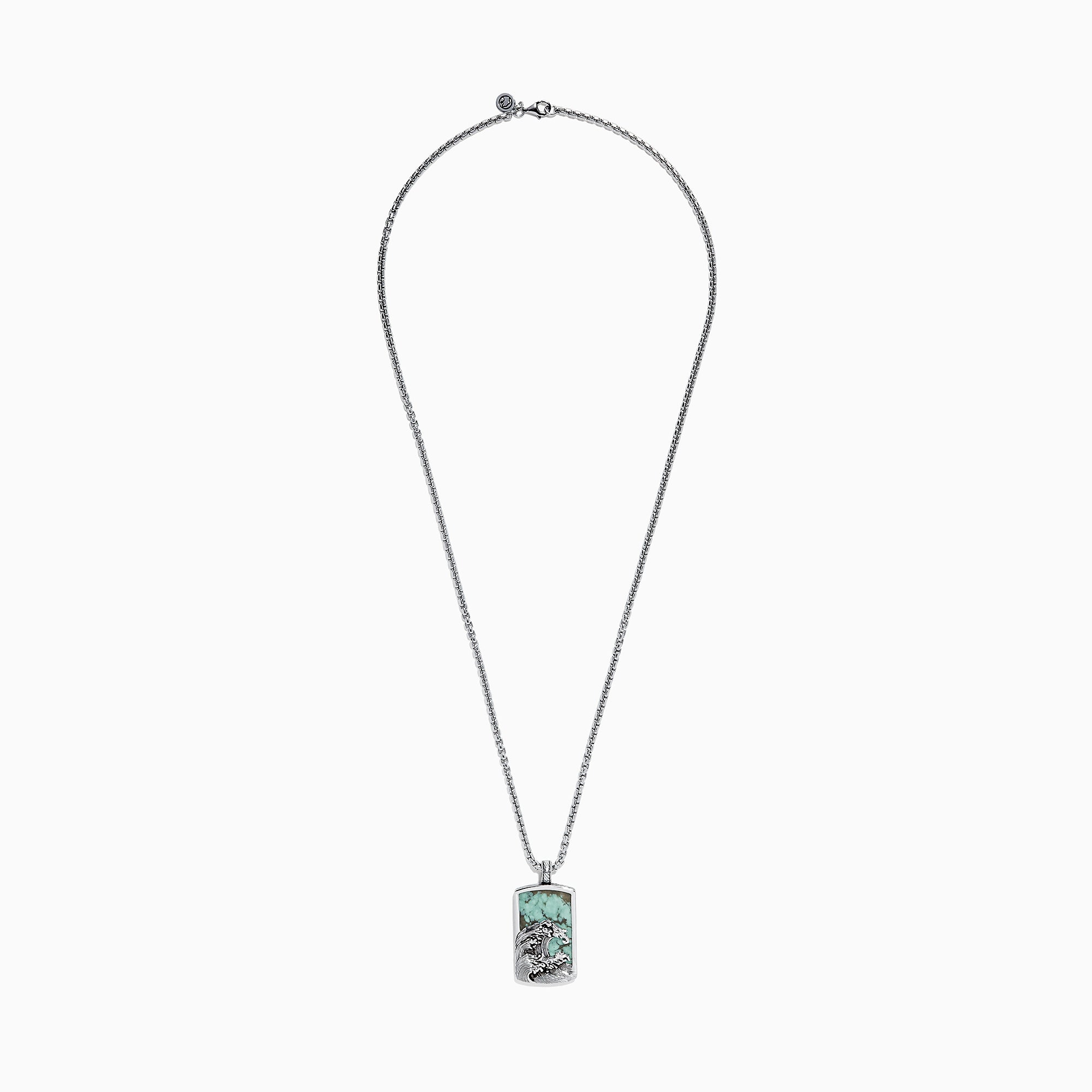 The Men’s Sterling Silver Turquoise Wave Pendant, 10.50 TCW, features a rectangular design with an engraved ocean wave and a vibrant turquoise stone background.