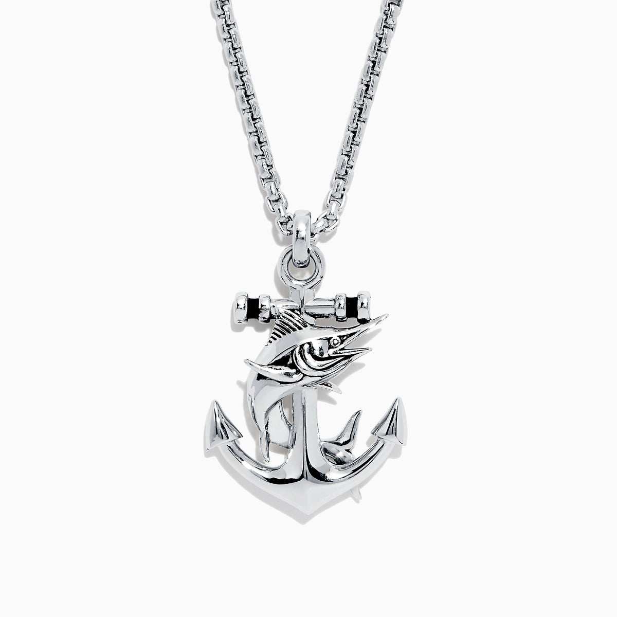 The Mens Sterling Silver Swordfish and Anchor Pendant is displayed on a plain white background, showcasing an anchor design wrapped with a detailed swordfish.