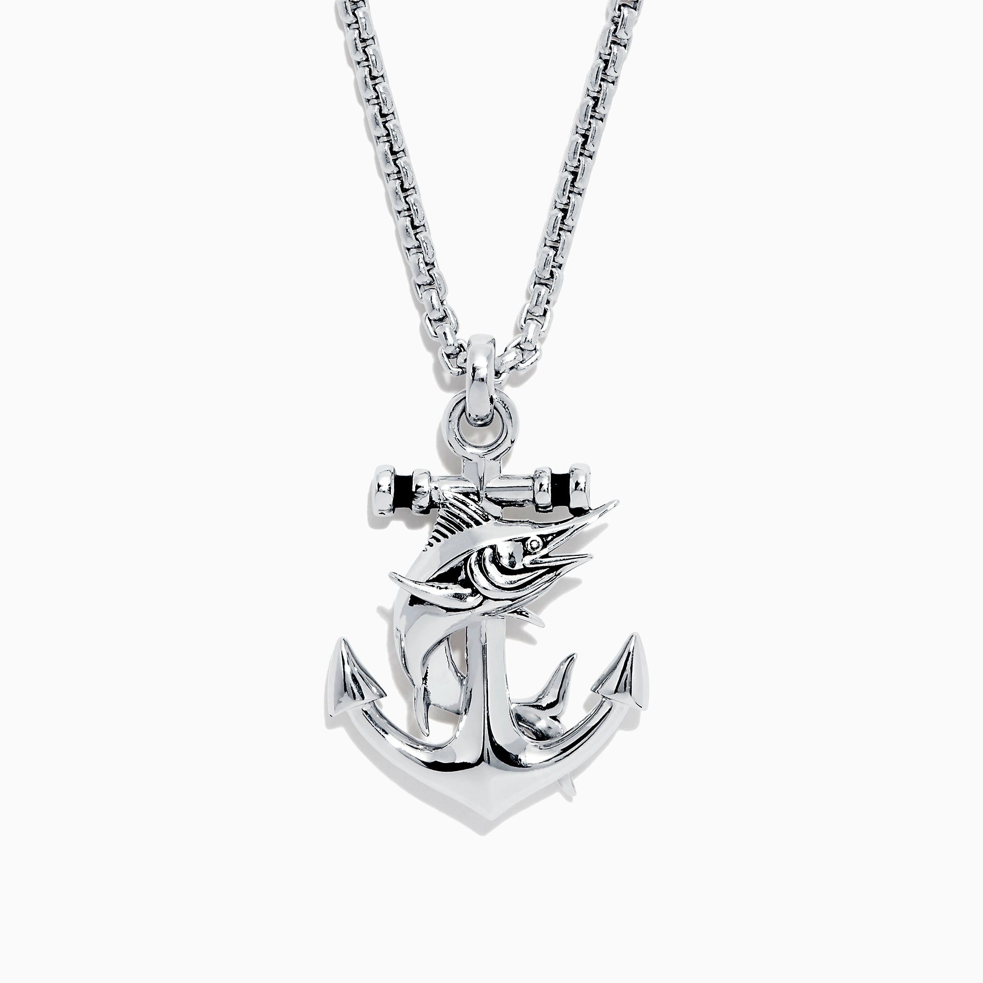 The Mens Sterling Silver Swordfish and Anchor Pendant is displayed on a plain white background, showcasing an anchor design wrapped with a detailed swordfish.