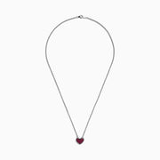 The 925 Sterling Silver Ruby Heart Pendant, 0.65 TCW, is featured on a simple white background, showcasing its ruby heart design with sparkling red gemstones.
