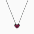 The 925 Sterling Silver Ruby Heart Pendant, 0.65 TCW, is featured on a simple white background, showcasing its ruby heart design with sparkling red gemstones.