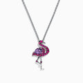 The Safari Sterling Silver Pink Sapphire and Amethyst Flamingo Pendant (1.88 TCW) features a flamingo standing elegantly on one leg, adorned with pink sapphire and amethyst gemstones.