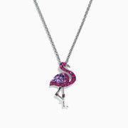 The Safari Sterling Silver Pink Sapphire and Amethyst Flamingo Pendant (1.88 TCW) features a flamingo standing elegantly on one leg, adorned with pink sapphire and amethyst gemstones.