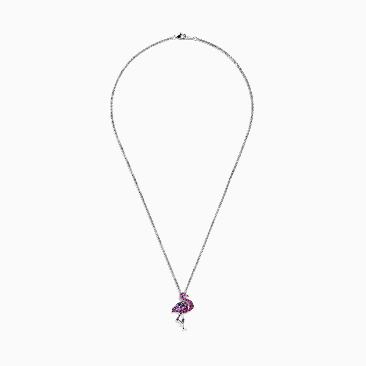 The Safari Sterling Silver Pink Sapphire and Amethyst Flamingo Pendant (1.88 TCW) features a flamingo standing elegantly on one leg, adorned with pink sapphire and amethyst gemstones.