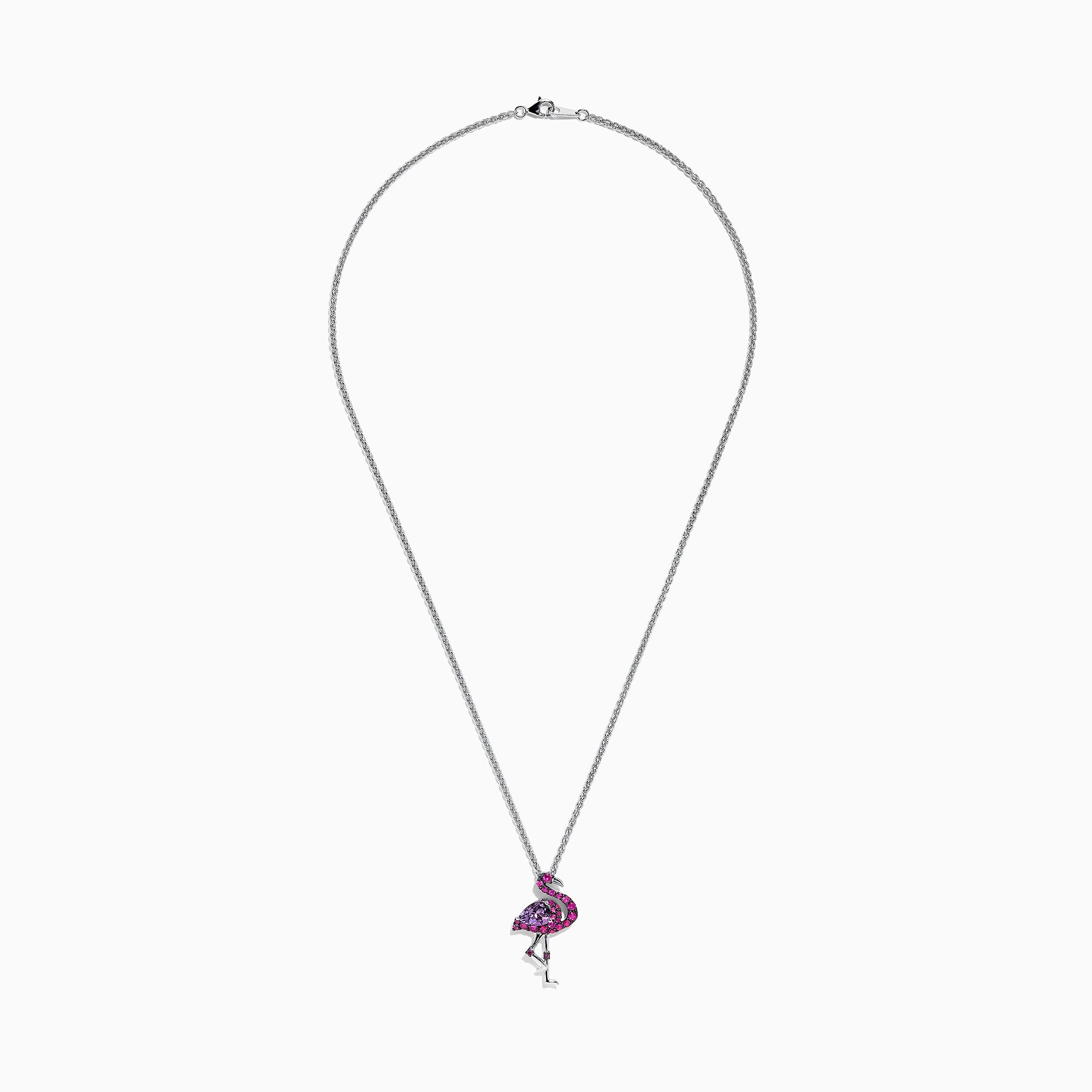 The Safari Sterling Silver Pink Sapphire and Amethyst Flamingo Pendant (1.88 TCW) features a flamingo standing elegantly on one leg, adorned with pink sapphire and amethyst gemstones.