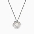 The 925 Sterling Silver Cultured Fresh Water Pearl Flower Pendant showcases a twisted chain and flower design, featuring textured petals and a round cultured pearl at the center, set against a white background.
