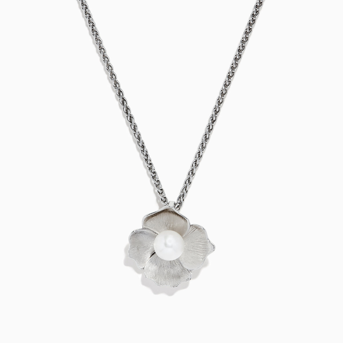 The 925 Sterling Silver Cultured Fresh Water Pearl Flower Pendant showcases a twisted chain and flower design, featuring textured petals and a round cultured pearl at the center, set against a white background.
