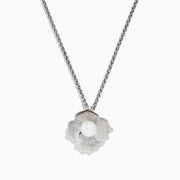 The 925 Sterling Silver Cultured Fresh Water Pearl Flower Pendant showcases a twisted chain and flower design, featuring textured petals and a round cultured pearl at the center, set against a white background.