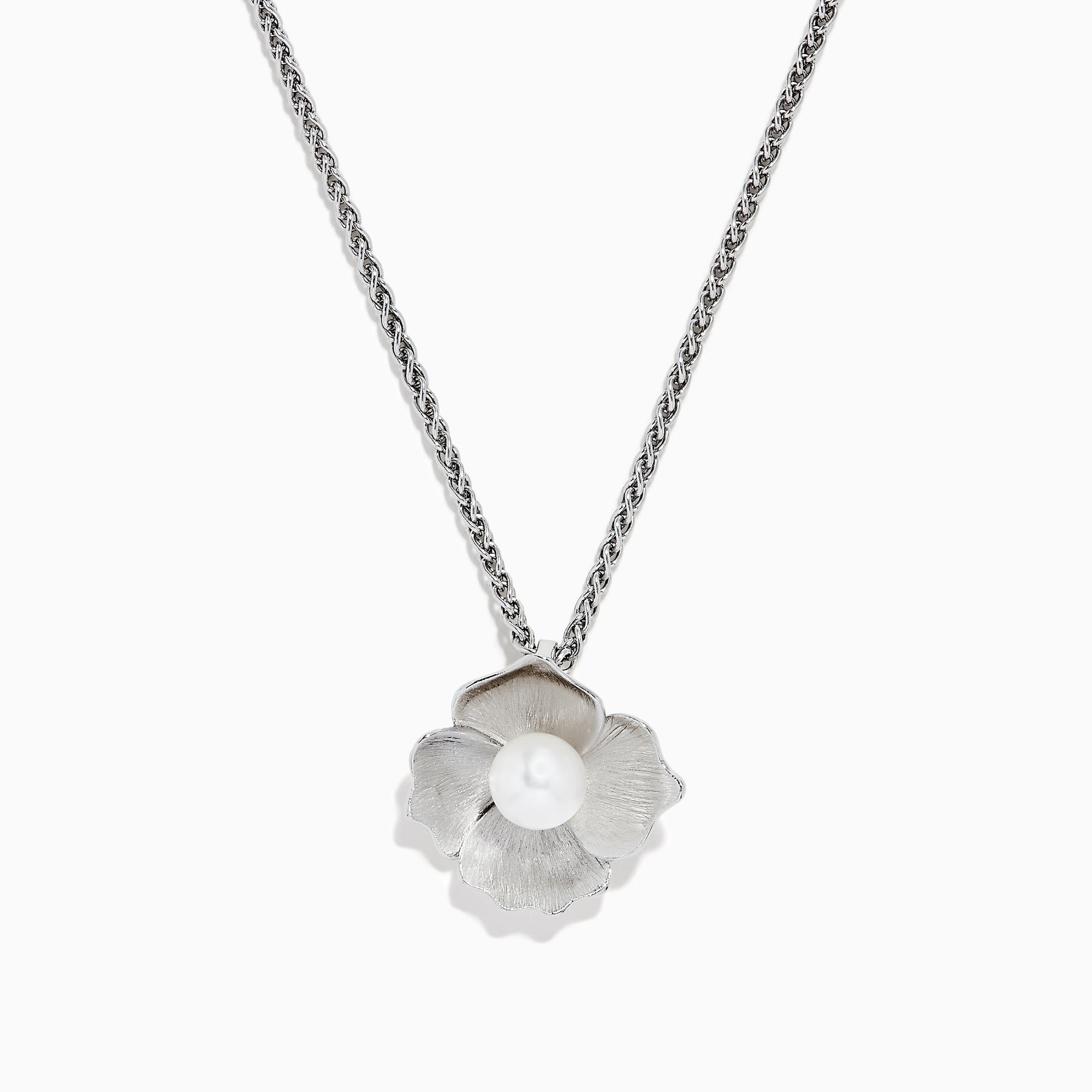 The 925 Sterling Silver Cultured Fresh Water Pearl Flower Pendant showcases a twisted chain and flower design, featuring textured petals and a round cultured pearl at the center, set against a white background.