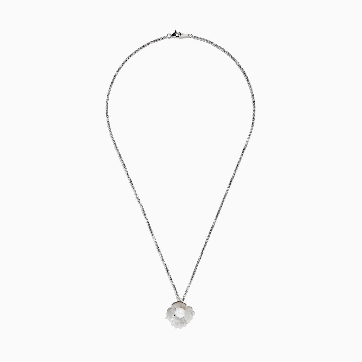 The 925 Sterling Silver Cultured Fresh Water Pearl Flower Pendant showcases a twisted chain and flower design, featuring textured petals and a round cultured pearl at the center, set against a white background.