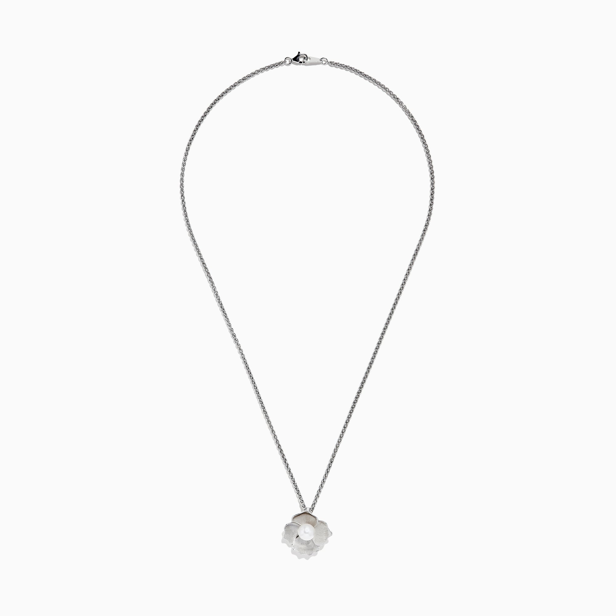 The 925 Sterling Silver Cultured Fresh Water Pearl Flower Pendant showcases a twisted chain and flower design, featuring textured petals and a round cultured pearl at the center, set against a white background.