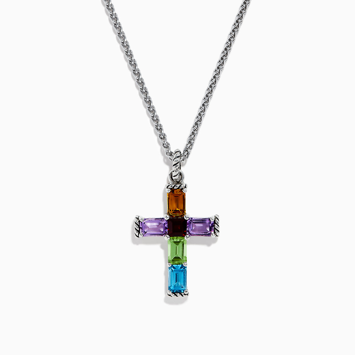 The Mosaic 925 Sterling Silver Multi Stone Cross Pendant features a sterling silver chain with a cross pendant adorned with rectangular orange, purple, green, and blue gemstones in a sleek silver frame.
