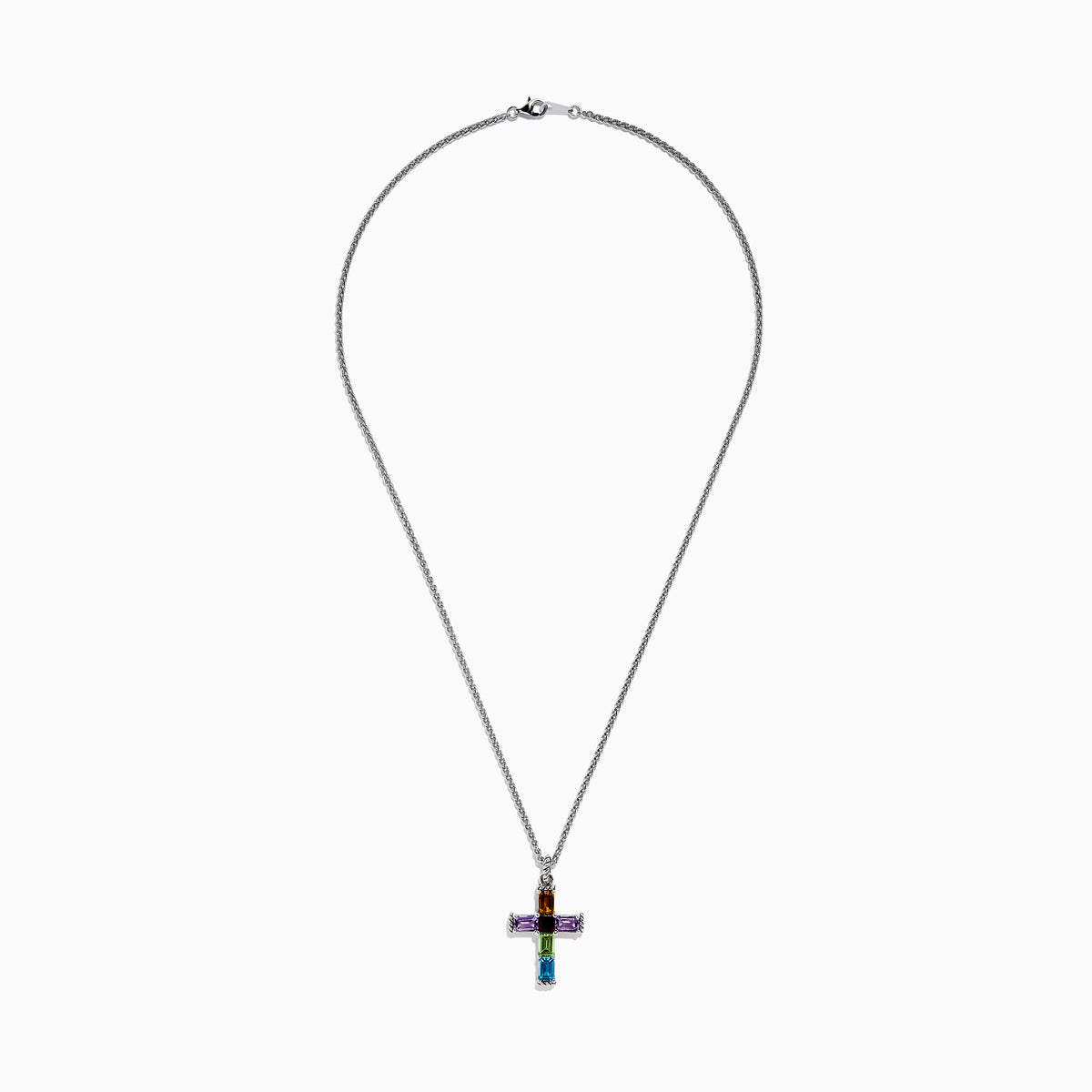 The Mosaic 925 Sterling Silver Multi Stone Cross Pendant features a sterling silver chain with a cross pendant adorned with rectangular orange, purple, green, and blue gemstones in a sleek silver frame.
