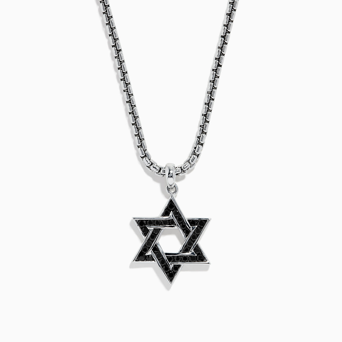 Mens 925 Sterling Silver Star of David Pendant, accented with striking black sapphires for a bold look.