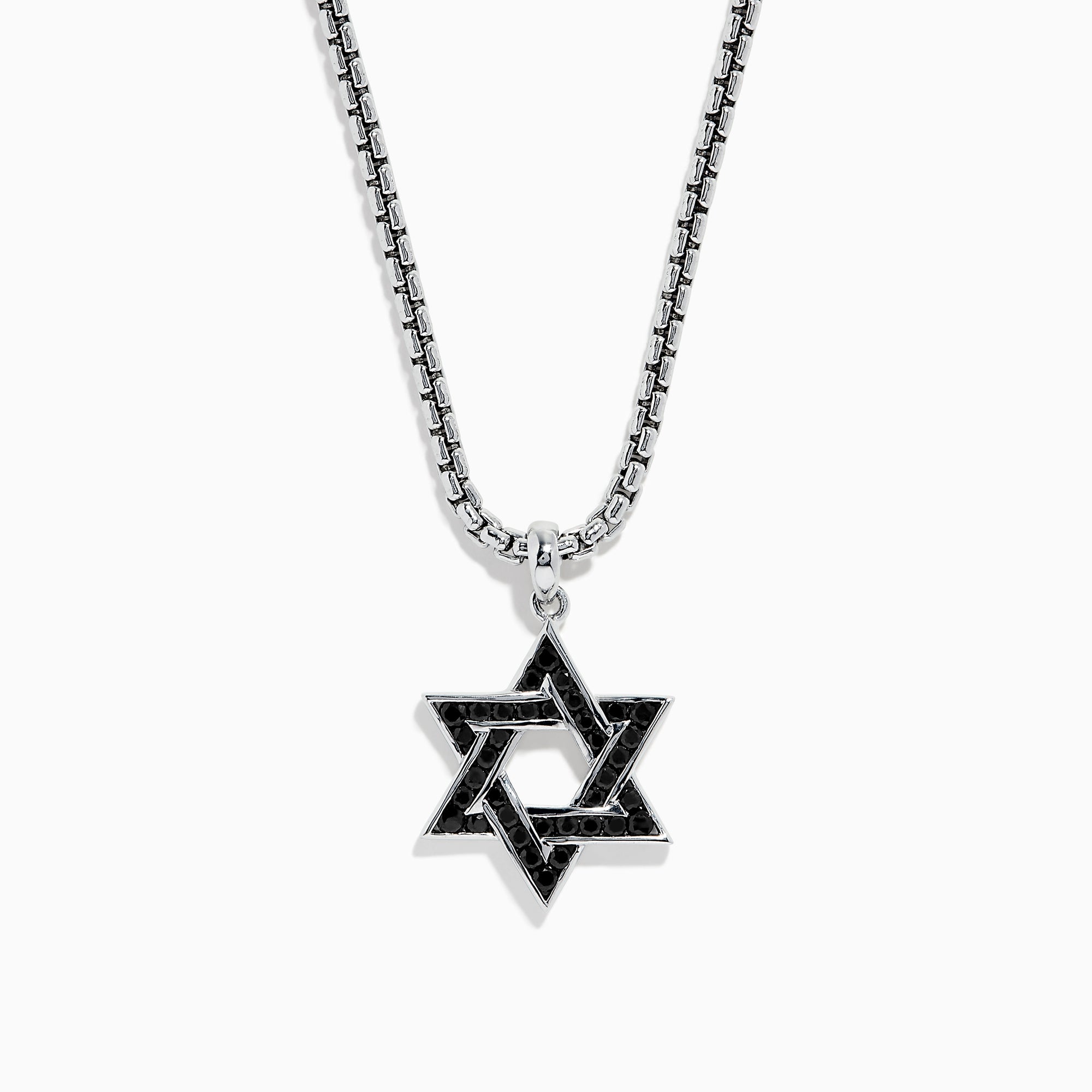Mens 925 Sterling Silver Star of David Pendant, accented with striking black sapphires for a bold look.