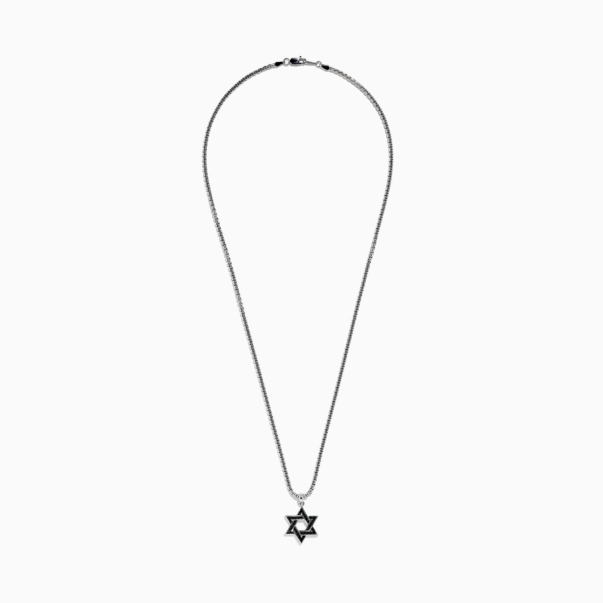 Mens 925 Sterling Silver Star of David Pendant, accented with striking black sapphires for a bold look.