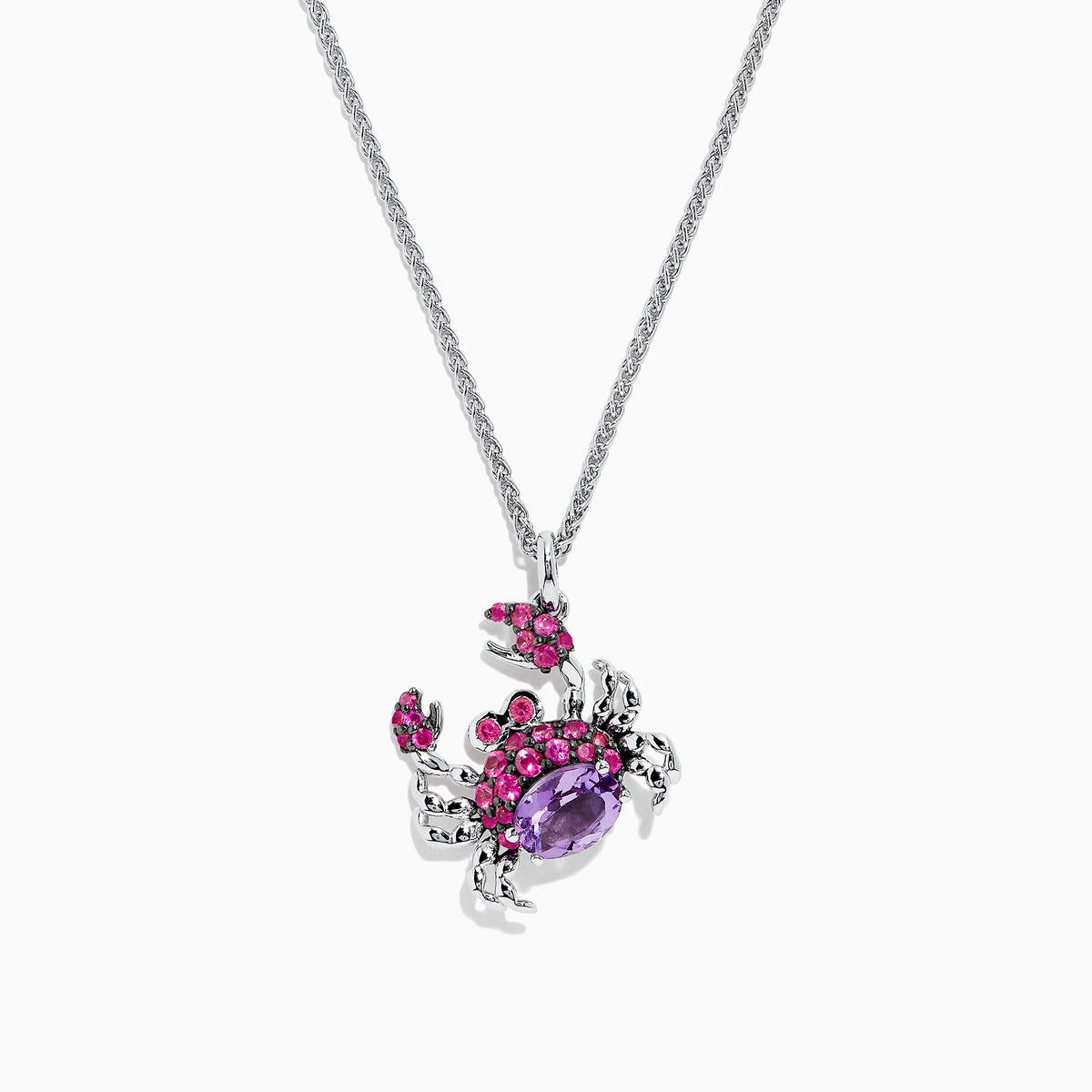 A sterling silver necklace featuring the Seaside Crab pendant, adorned with multi gemstones totaling 1.75 TCW—a stunning statement piece.