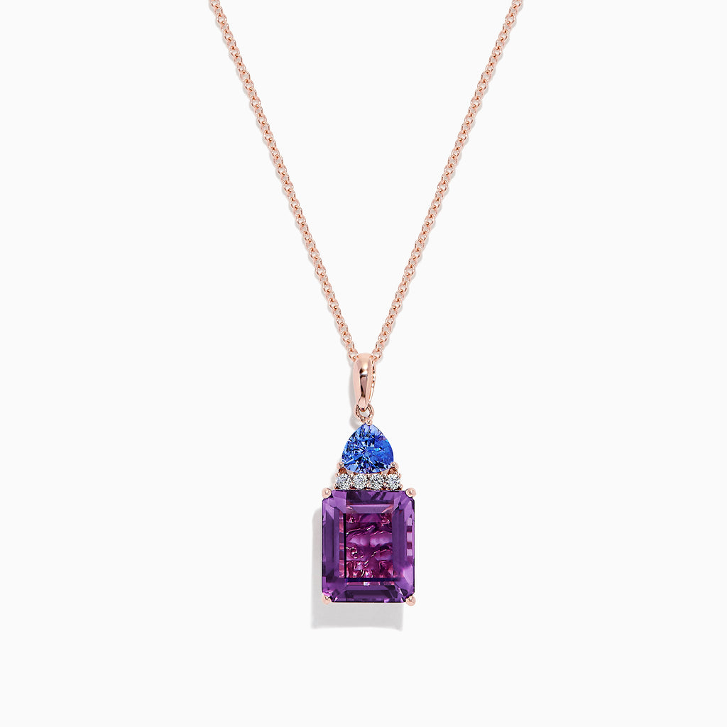 A 14K rose gold pendant features a rectangular amethyst, topped with tanzanite and diamond accents (6.16 TCW), set in gold against a white background.