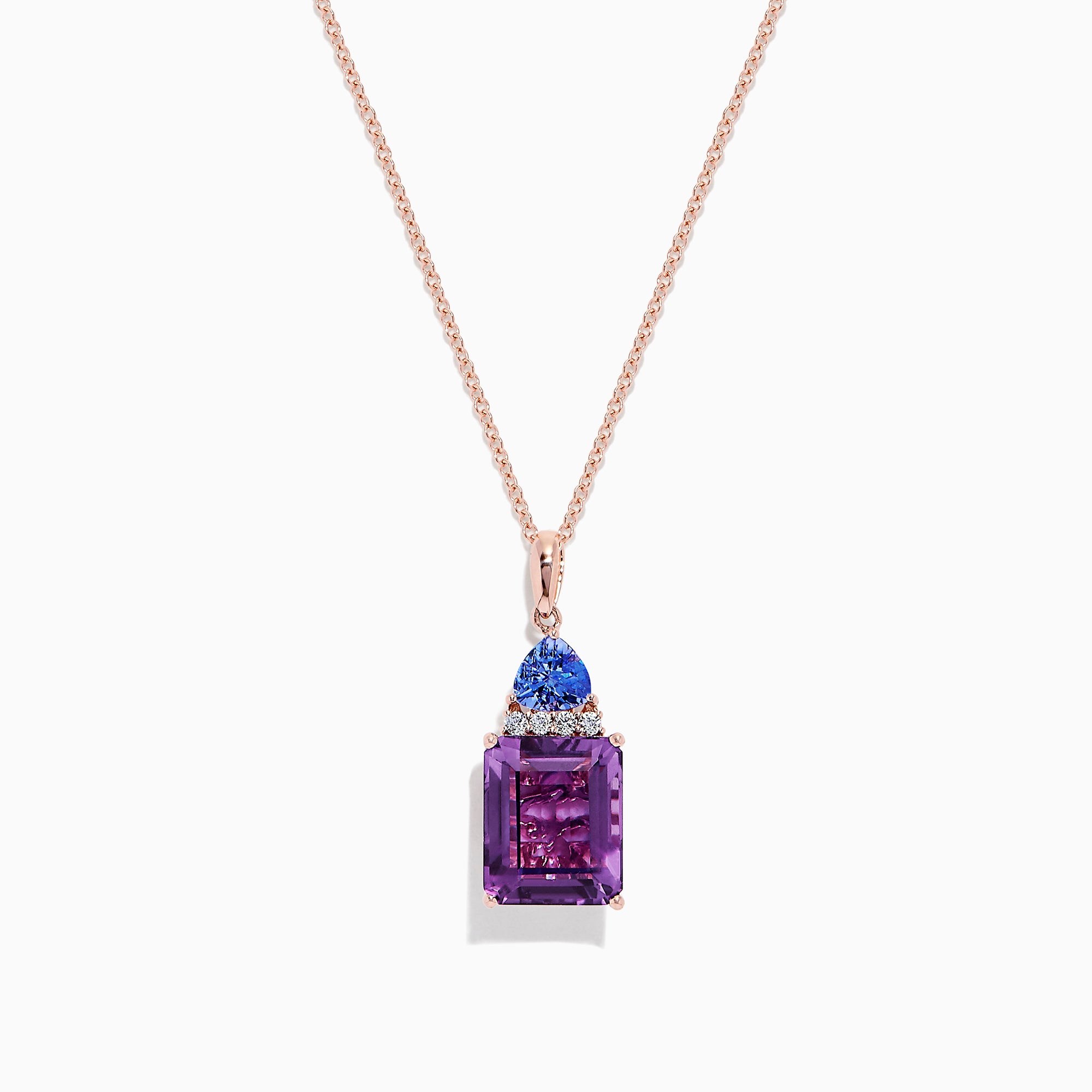 A 14K rose gold pendant features a rectangular amethyst, topped with tanzanite and diamond accents (6.16 TCW), set in gold against a white background.