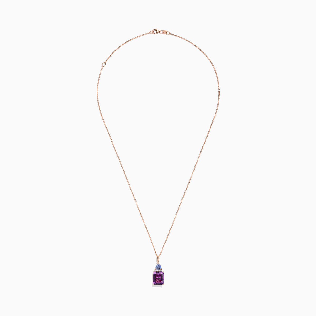 A 14K rose gold pendant features a rectangular amethyst, topped with tanzanite and diamond accents (6.16 TCW), set in gold against a white background.
