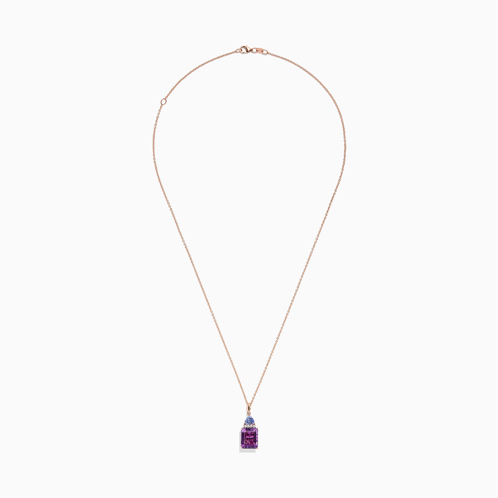 A 14K rose gold pendant features a rectangular amethyst, topped with tanzanite and diamond accents (6.16 TCW), set in gold against a white background.