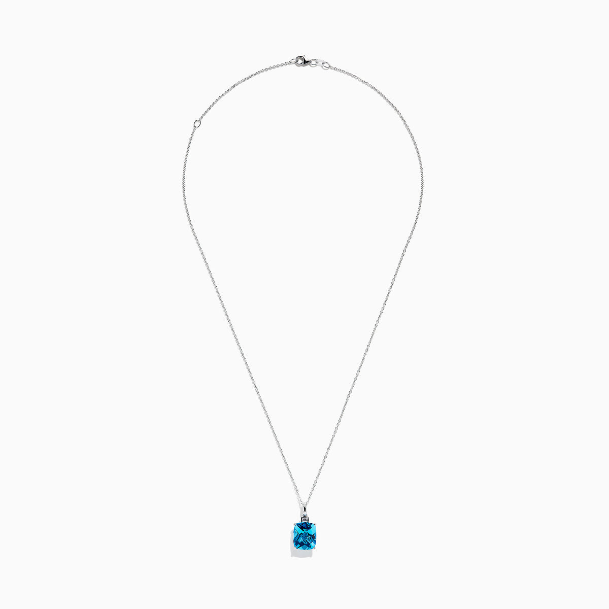 A 14K White Gold Blue Topaz and Diamond Pendant (6.93 TCW) with a square-cut blue topaz hangs from a silver chain, showcased against a white background.