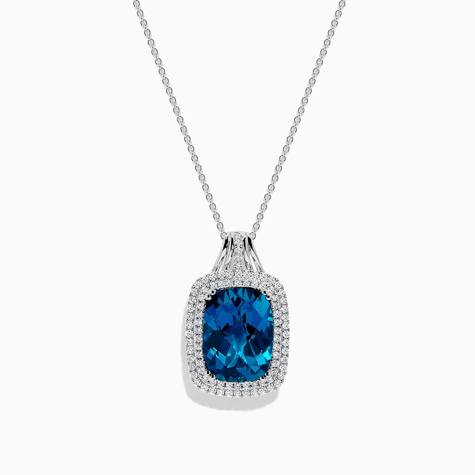 The Ocean Bleu 14K Gold London Blue Topaz and Diamond Pendant, 12.45 TCW, features a cushion-cut topaz surrounded by sparkling diamonds, shown against a white background.