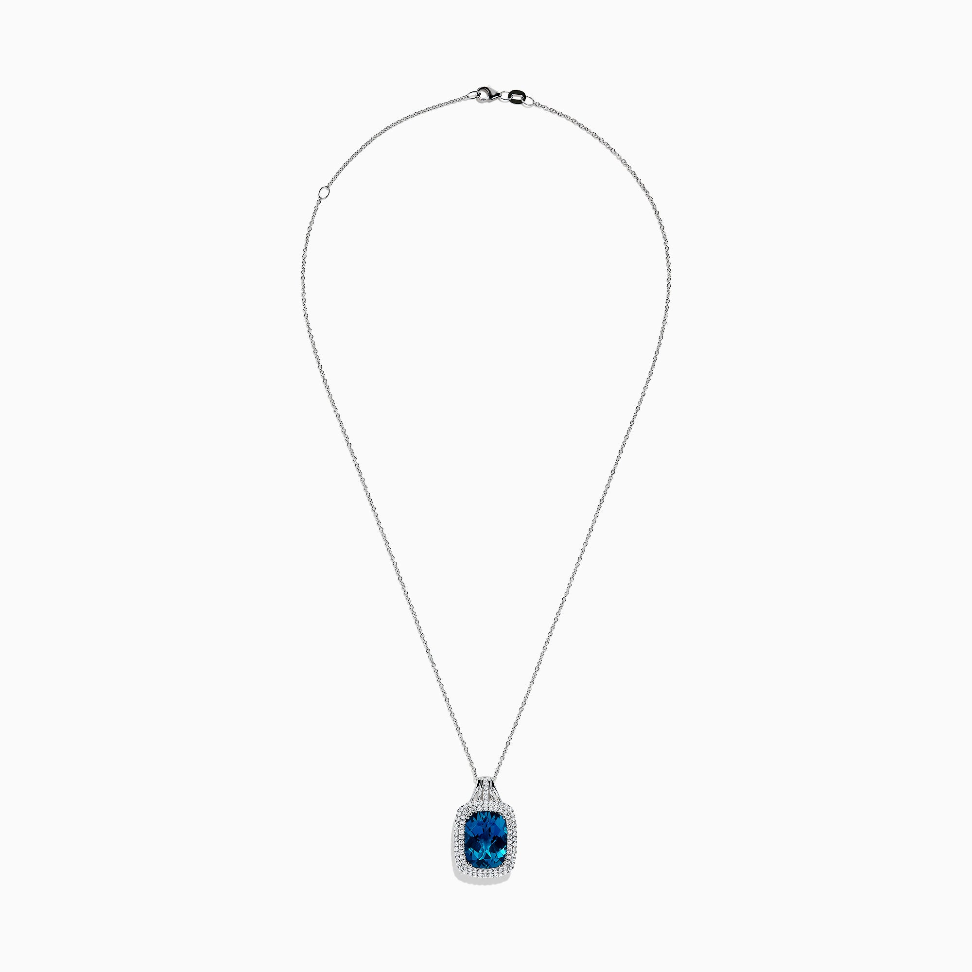 The Ocean Bleu 14K Gold London Blue Topaz and Diamond Pendant, 12.45 TCW, features a cushion-cut topaz surrounded by sparkling diamonds, shown against a white background.