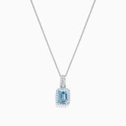 The Aquarius 14K White Gold Aquamarine and Diamond Pendant (2.62 TCW) features an emerald-cut aquamarine accented by a border of diamonds, set in white gold and shown against a plain white background.