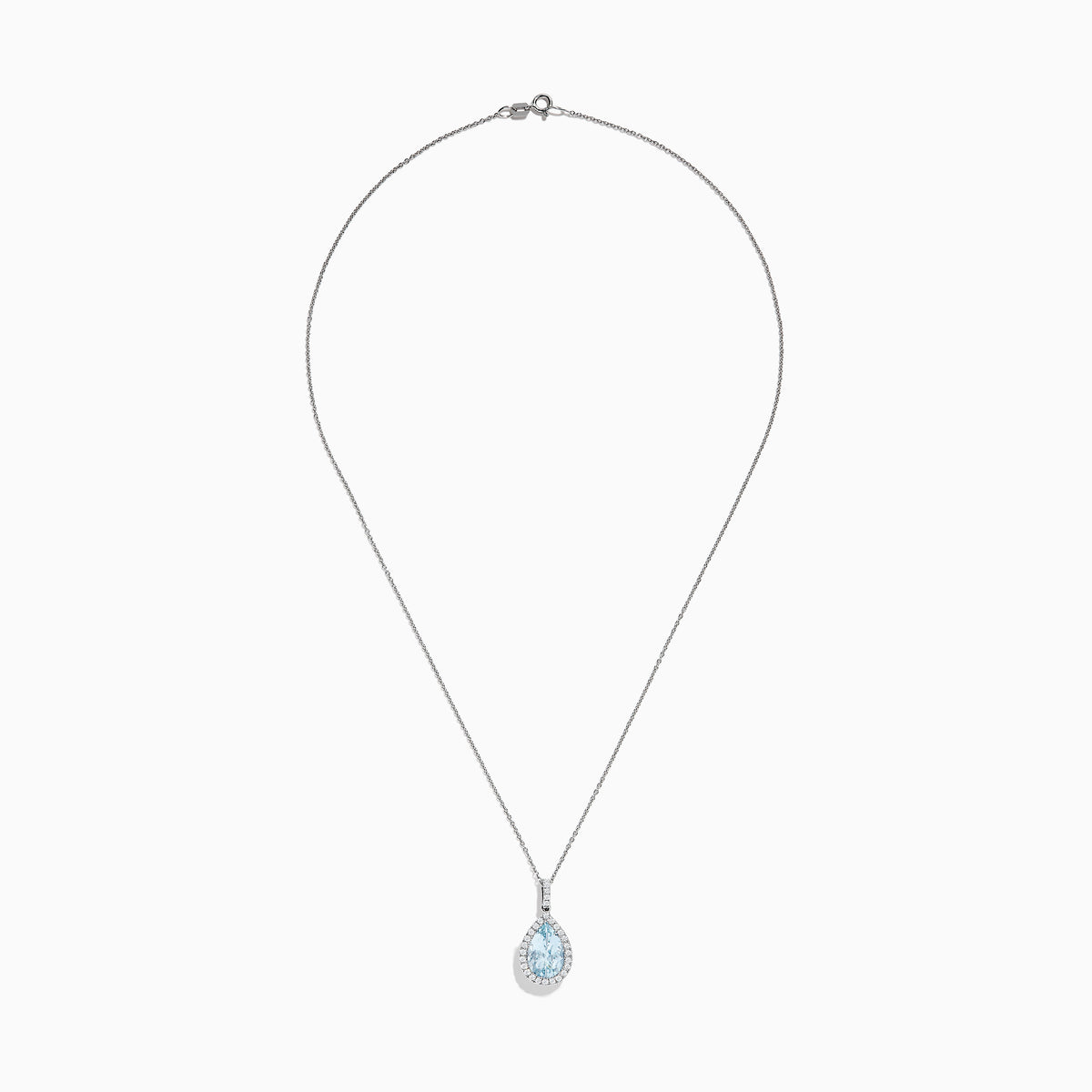 The Aquarius 14K White Gold Aquamarine and Diamond Pendant showcases a teardrop aquamarine framed by sparkling diamonds, elegantly displayed on a plain white background.